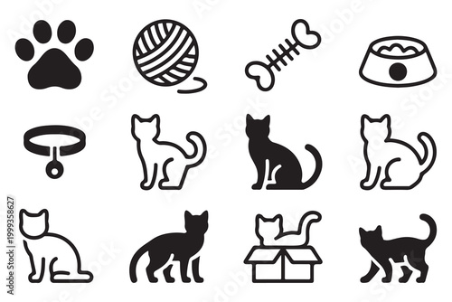 Collection of Cat Icons and Pet Accessories Silhouettes