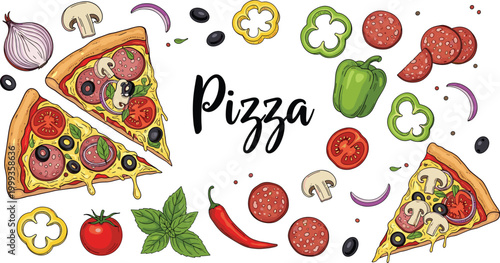 Colorful Pizza Collection Vector with Salami Tomato Mushroom Pepper Olive Onion Basil and Italian Food Elements
