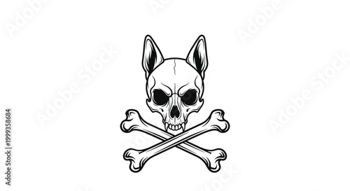 Stylized dog skull with upright ears placed above crossed bones in a monochromatic black and white graphic illustration for logos.