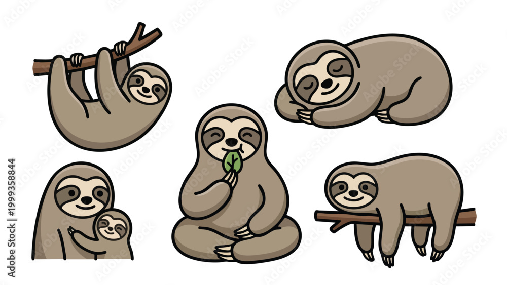 Obraz premium Cute Sloth Character Set in Various Poses