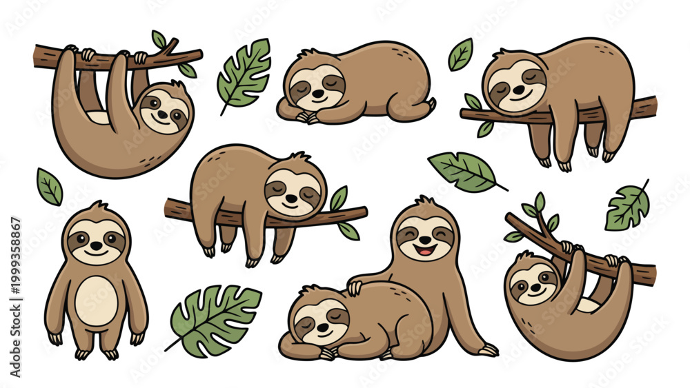 Obraz premium Adorable Sloth Vector Character Set with Tropical Leaves