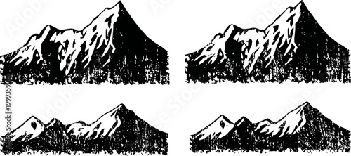 Mountain landscape sketches in black ink hand drawn alpine peaks with rugged contours and shaded textures nature and wilderness illustration