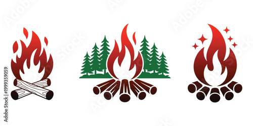 Vector illustrations of campfires in different settings and styles