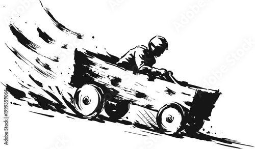 Child racing downhill in a wooden soapbox car sketch with motion lines in black and white