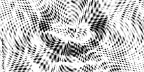 Bold monochrome halftone background of black circular dots forming a radial gradient, centered text FUTURISTIC HALFTONE, modern abstract design with high contrast for digital, data, soundwave visual