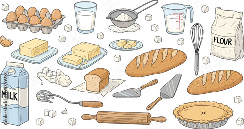 Vintage Baking and Bread Collection Vector with Flour Eggs Milk Butter Rolling Pin Whisk and Bakery Elements