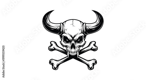 Highly detailed bull skull with massive curved horns and crossed bones in a classic black and white tattoo style graphic illustration.