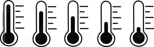 Black Linear Thermometer Icons Showing Five Stages of Temperature Scale