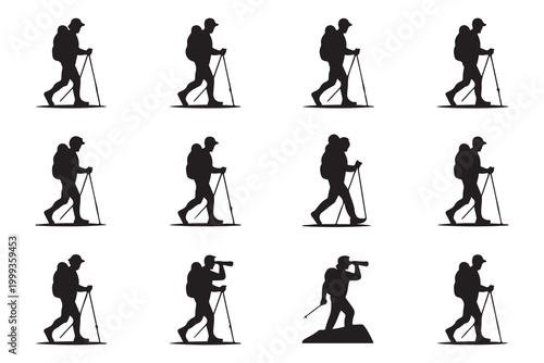 Collection of hiking silhouettes featuring backpackers walking and exploring nature trails