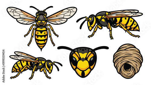 Yellowjacket Wasp Character Set with Nest and Head Icon