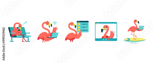 Pink Flamingo Working Remotely Character Set Showing Traveling Video Call Investing and Surfing Activities Vector Digital Nomad Illustration