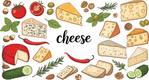 Colorful Cheese Collection Vector with Gouda Brie Blue Cheese Tomato Olive Chili Herb and Gourmet Food Elements