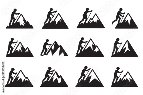 Mountain Climber Silhouettes Reaching the Summit Icon Set