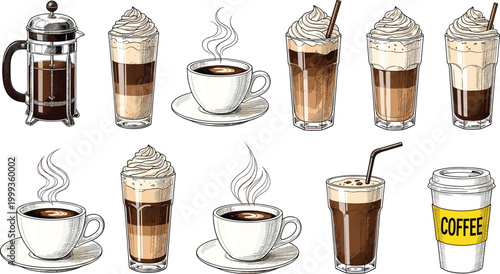 Vintage Sketch Coffee Drinks Collection Vector with French Press Latte Frappe Espresso Takeaway and Cafe Elements