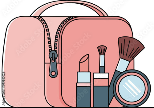 Pink Makeup Bag with Cosmetics Illustration, Professional Beauty Products and Brushes Vector, Modern Toiletry Case for Travel and Vanity Storage