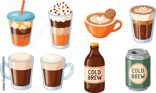Colorful Coffee Drinks Collection Vector with Cold Brew Latte Frappe Cappuccino Bottle Can and Cafe Elements