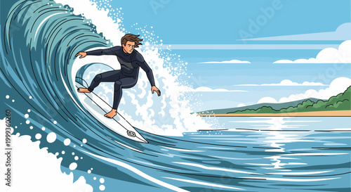 Surfer Riding a Barrel Wave in Ocean, Coastal Landscape Background