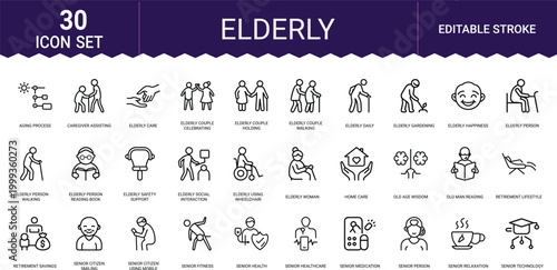 Elderly icons set showing senior citizen daily activities healthcare and wellness support.