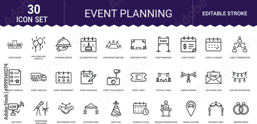 Event planning icons set showcasing management tools for conferences and wedding services.