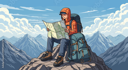 Hiker with backpack on mountain peak studying map, pixel art style