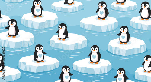 Adorable pattern of small penguins standing on separate ice floes floating in blue water with small heart details.