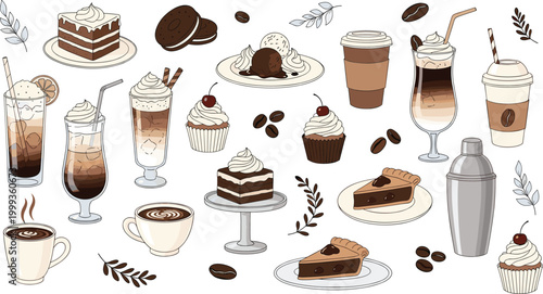 Vintage Coffee and Dessert Collection Vector with Cake Cupcake Pie Ice Cream Latte Frappe and Bakery Elements