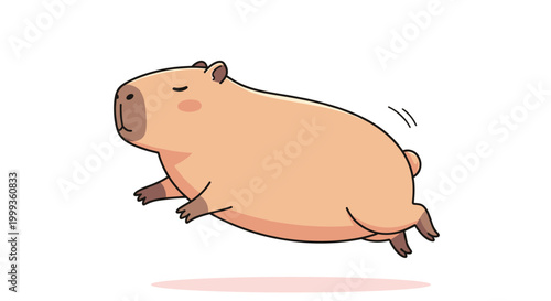 Cute capybara character jumping and running with its eyes closed in a happy and energetic motion across the frame.