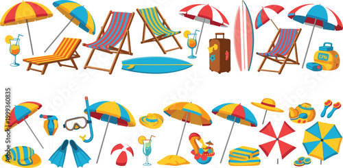 Summer beach elements set colorful umbrellas deck chairs surfboard travel vacation accessories collection vector illustration