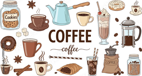 
Colorful Coffee and Milkshake Drinks Collection Vector with Frappe Latte Mocha Takeaway Cup and Cafe Elements