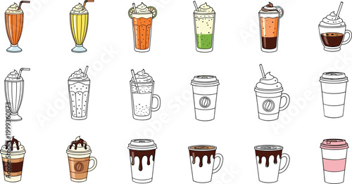 Colorful Coffee and Milkshake Drinks Collection Vector with Frappe Latte Mocha Takeaway Cup and Cafe Elements