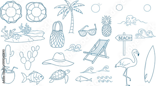 Summer beach line icons set palm tree flamingo surfboard waves cactus tropical elements outline vector illustration collection