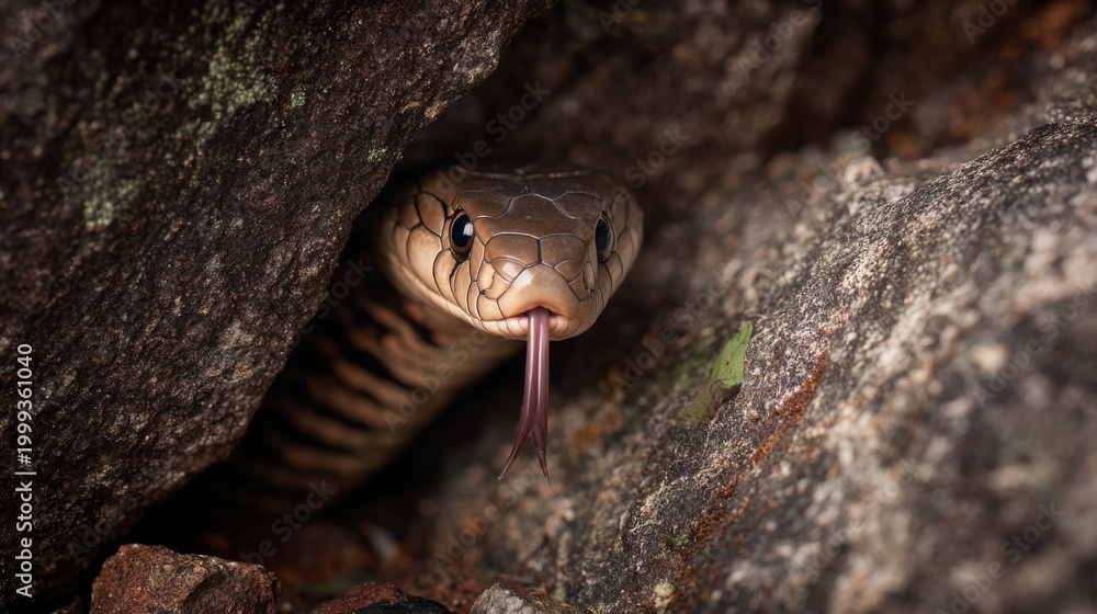 Fototapeta premium Close-Up View of a Snake Emerging from Between Rocks in a Natural Habitat