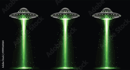 UFO flying saucer abduction beam green light alien spaceship sci fi futuristic glowing levitation effect vector illustration set