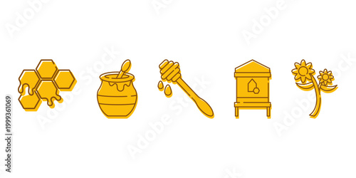 Golden Honey and Beekeeping Icon Set Illustration