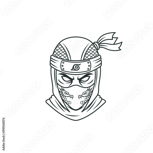 Ninja Shinobi Warrior Masked Head Illustration with Dragon Pattern - Vector Line Art Mascot Logo Design for Esports and T-shirts
