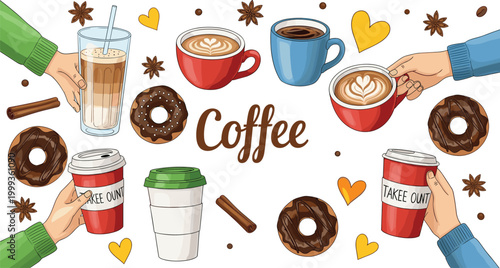 Colorful Coffee and Donut Collection Vector with Hands Holding Latte Espresso Takeaway Cup and Cafe Elements