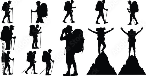 Hikers and climbers with backpacks and trekking poles isolated on white background, Vector