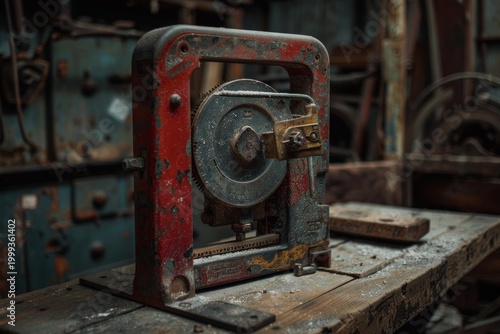 Old, rusty industrial tool sits on a wooden table in a workshop, showing signs of age and disuse