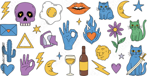 Retro Edgy Aesthetic Sticker Set with Skull Cat Moon Wine Flame Heart Cactus Lips and Mystic Elements