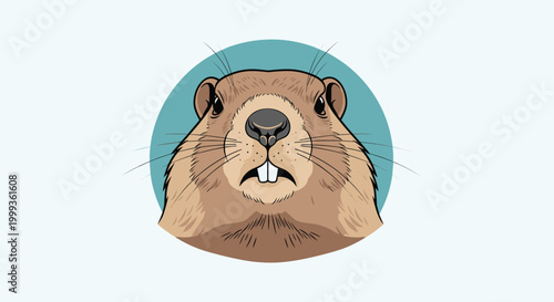 Groundhog head with its teeth showing placed inside a teal blue circular frame on a light background for nature related themes.