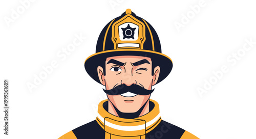 Close up portrait of a smiling firefighter wearing a helmet and winking at the camera on a white background for heroes.