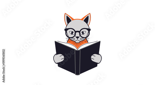 Whimsical illustration of a cat wearing glasses and holding an open book as if it were reading on a clean white background.