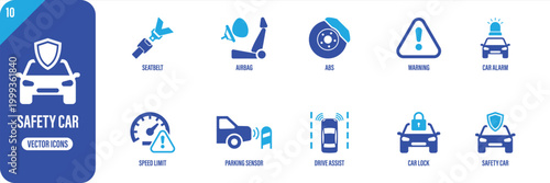 Car Safety Icon Set – Seatbelt Airbag Brake and Driver Assistance Symbols Collection