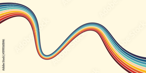 Abstract colorful 70s background vector. Vintage retro wallpaper with rainbow stripes and wavy lines. A 1970 color illustration suitable for posters, banners, decorative items and wall art.