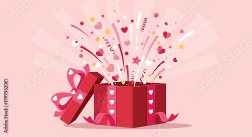 Fotografía A red gift box with hearts and confetti exploding out