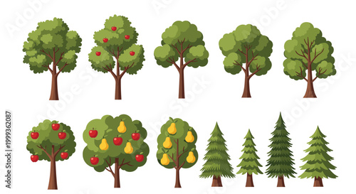 Collection of different types of deciduous and coniferous trees, including apple and pear trees, on a white background.