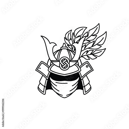 Minimalist Samurai Kabuto Helmet Illustration with Traditional Feathered Crest and Face Mask