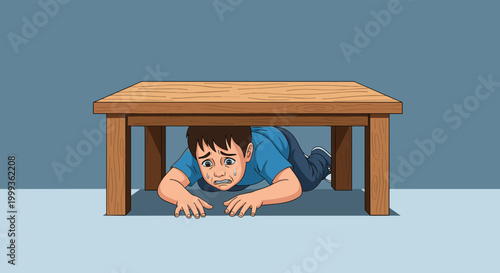 Frightened person hiding under a wooden table during an emergency or dangerous situation depicted in a clear illustration.