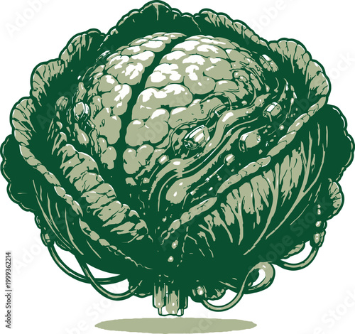 Cabbage head organically fused with human brain structure, representing biotechnology and food technology concepts