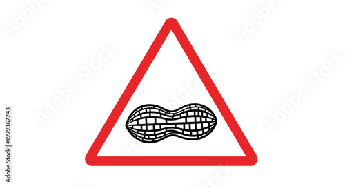 Road warning sign featuring a black peanut symbol inside a red triangle for allergy awareness on a white background.